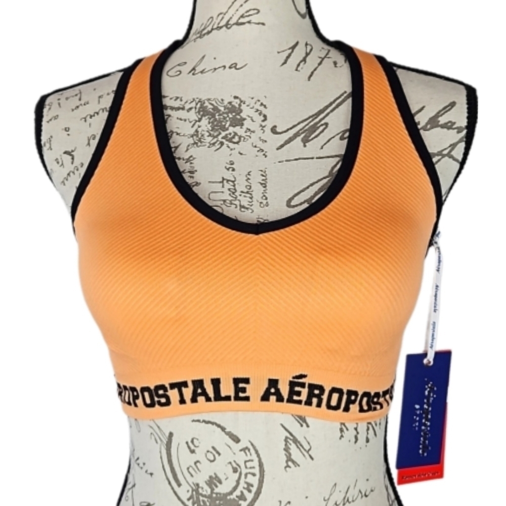 Aeropostale Ribbed Racerback Lightly Padded Sports Bra, Sana Orange, S
